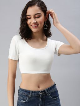SHOWOFF - Women's Solid Fitted Off White Round Neck Crop Top
