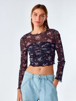 Cover Story - Black Floral Print Mesh Crop Top