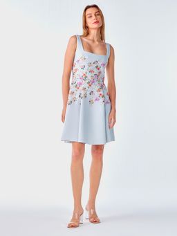 Cover Story - Light Blue Floral Printed Skater Dress