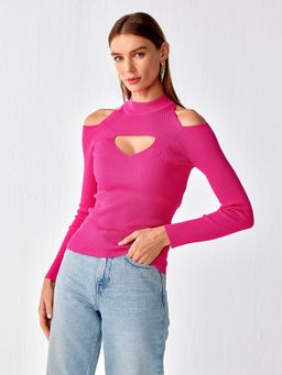 Cover Story - Fuchsia Pink Off Shoulder Pullover Sweater