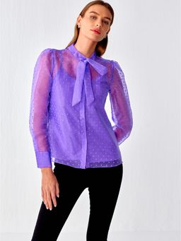 Cover Story - Purple Swiss Dot Tie Neck Shirt
