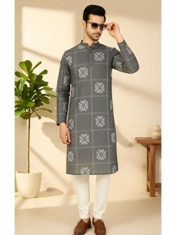 RIGO - Men Grey Embroidered Grid Kurta