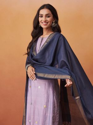 Navy Blue Printed Silk Blend Dupatta main image 1