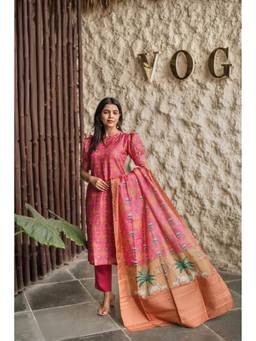 THE52 - Pink Printed Work French Crepe Straight Kurta and Pant with Dupatta