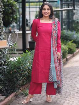 THE52 - Pink Solid Cotton Straight Kurta and Pant with Dupatta