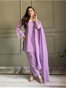 THE52 - Lavender Embroidered Crunchy Silk Straight Kurta and Patiala with Dupatta