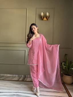 THE52 - Pink Embroidery Work Crunchy Silk Straight Kurta and Patiala with Dupatta