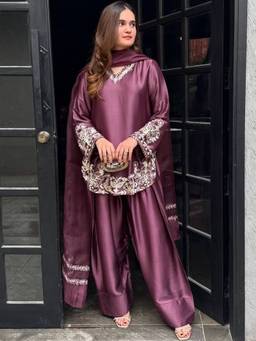 THE52 - Purple Thread Work Silk Crepe Straight Kurta and Patiala with Dupatta