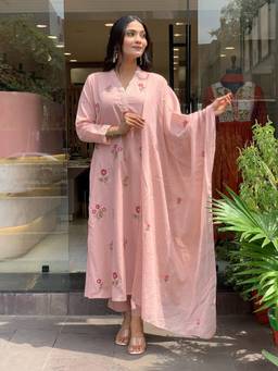 THE52 - Peach Embroidery Work Chanderi Straight Kurta and Pant with Dupatta