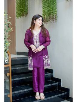 THE52 - Purple Embroidery Work Chinon Silk Straight Kurta and Pant with Koti