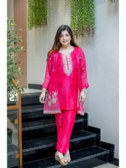 THE52 - Pink Embroidery Work Chinon Silk Straight Kurta and Pant with Koti