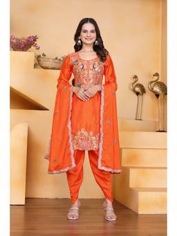 THE52 - Orange Chinon Embroidered Kurta and Dhoti with Dupatta