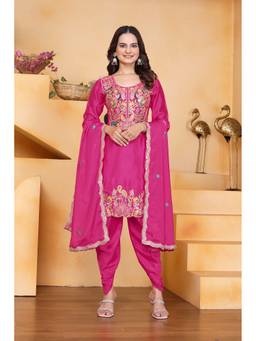 THE52 - Pink Chinon Embroidered Kurta and Dhoti with Dupatta