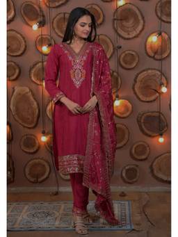 THE52 - Pink Chinon Embroidered Kurta and Pant with Dupatta