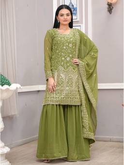 THE52 - Green Georgette Embroidered Kurta and Sharara with Dupatta