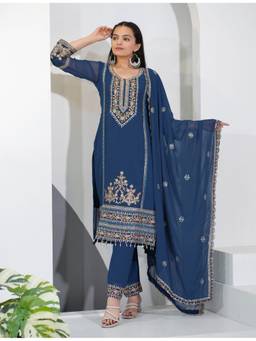 THE52 - Blue Georgette Embroidered Kurta and Pant with Dupatta