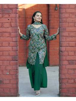 THE52 - Green Taffeta Embroidered Kurta and Sharara with Dupatta