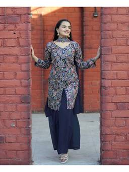 THE52 - Navy Blue Taffeta Embroidered Kurta and Sharara with Dupatta