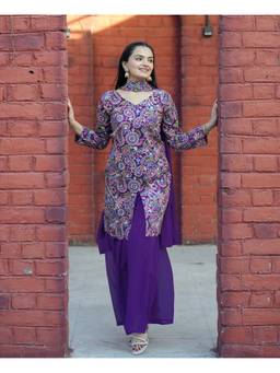 THE52 - Purple Taffeta Embroidered Kurta and Sharara with Dupatta