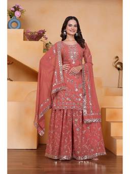 THE52 - Peach Georgette Embroidered Kurta and Sharara with Dupatta