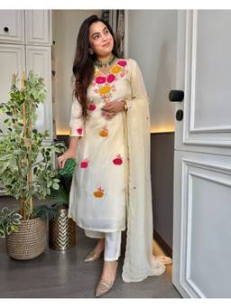 THE52 - White Embroidery Work Roman Chanderi Straight Kurta and Pant with Dupatta