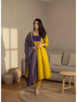 THE52 - Yellow Embroidery Work Chanderi Flared Kurta and Pant with Dupatta