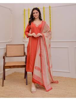 THE52 - Orange Rayon Embroidered Kurta and Pant with Dupatta