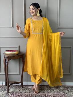 THE52 - Yellow Rayon Embroidered Kurta and Pant with Dupatta
