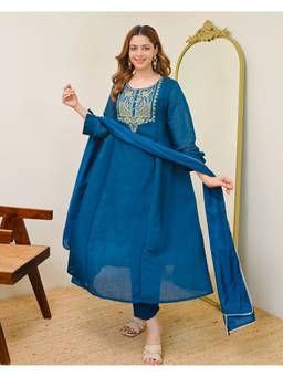THE52 - Blue Embroidery Work Mul Chanderi Flared Kurta and Pant with Dupatta