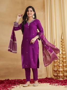 THE52 - Wine Embroidery Work Viscose Rayon Straight Kurta and Pant with Dupatta