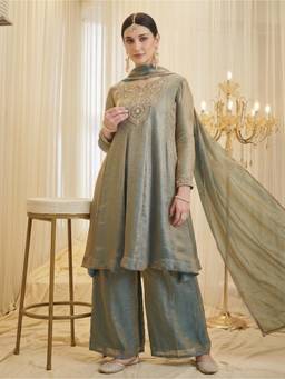 THE52 - Blue Embroidery Work Fandy Silk Flared Kurta and Palazzo with Dupatta