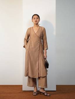 Pink Fort - Beige Silk Blend Colorblock Kurta and Palazzo