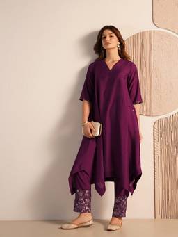 Pink Fort - Purple Silk Blend Solid Kurta and Pant