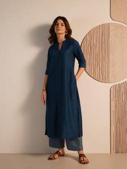 Pink Fort - Teal Silk Blend Solid Kurta and Palazzo