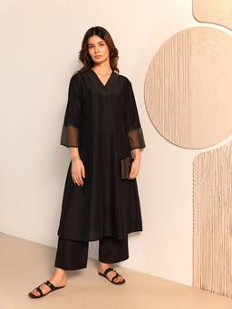 Pink Fort - Black Silk Blend Solid Kurta and Palazzo
