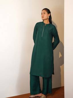Pink Fort - Green Poly Silk Solid Kurta and Palazzo
