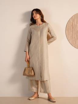 Pink Fort - Cream Silk Blend Solid Kurta and Palazzo