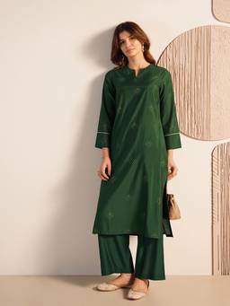 Pink Fort - Green Silk Blend Geometric Kurta and Palazzo