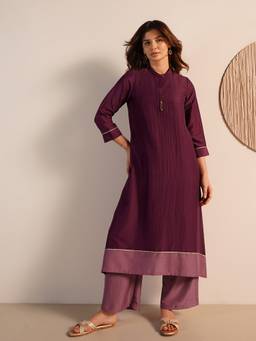 Pink Fort - Purple Silk Blend Colorblock Kurta and Palazzo
