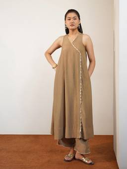 Pink Fort - Beige Silk Blend Solid Kurta and Palazzo