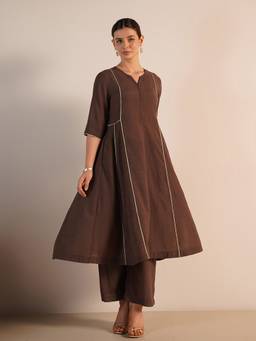Pink Fort - Brown Silk Blend Solid Anarkali Kurta and Palazzo
