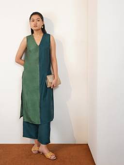 Pink Fort - Green Silk Blend Colorblock Kurta and Palazzo