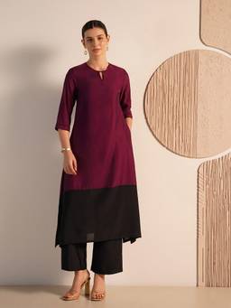 Pink Fort - Burgundy Silk Blend Colorblock Kurta and Palazzo