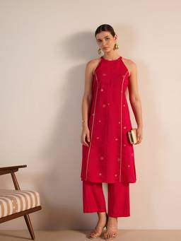 Pink Fort - Pink Silk Blend Floral Kurta and Palazzo