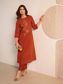 Pink Fort - Orange Silk Blend Floral Kurta and Palazzo