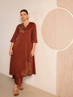 Pink Fort - Rust Silk Blend Floral Kurta and Palazzo