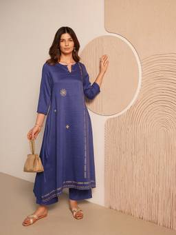 Pink Fort - Blue Silk Blend Geometric Kurta and Palazzo