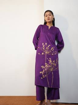 Pink Fort - Purple Silk Blend Floral Kurta and Palazzo