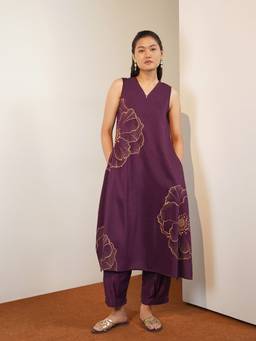 Pink Fort - Purple Silk Blend Floral Kurta and Salwar