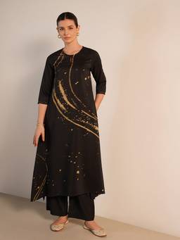 Pink Fort - Black Silk Blend Abstract Kurta and Palazzo